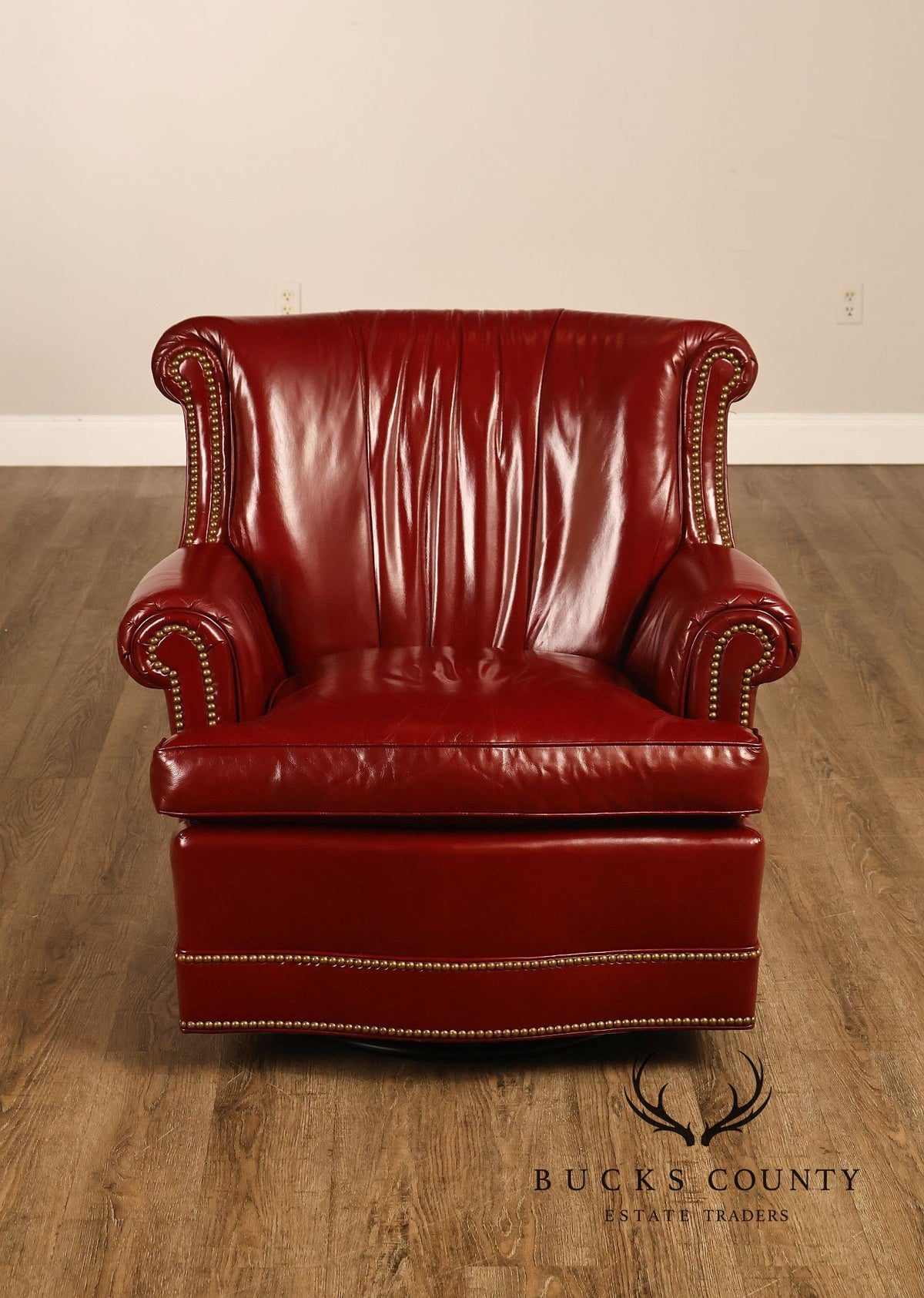Hancock & Moore Red Leather Swivel Club Chair With Nailhead Trim