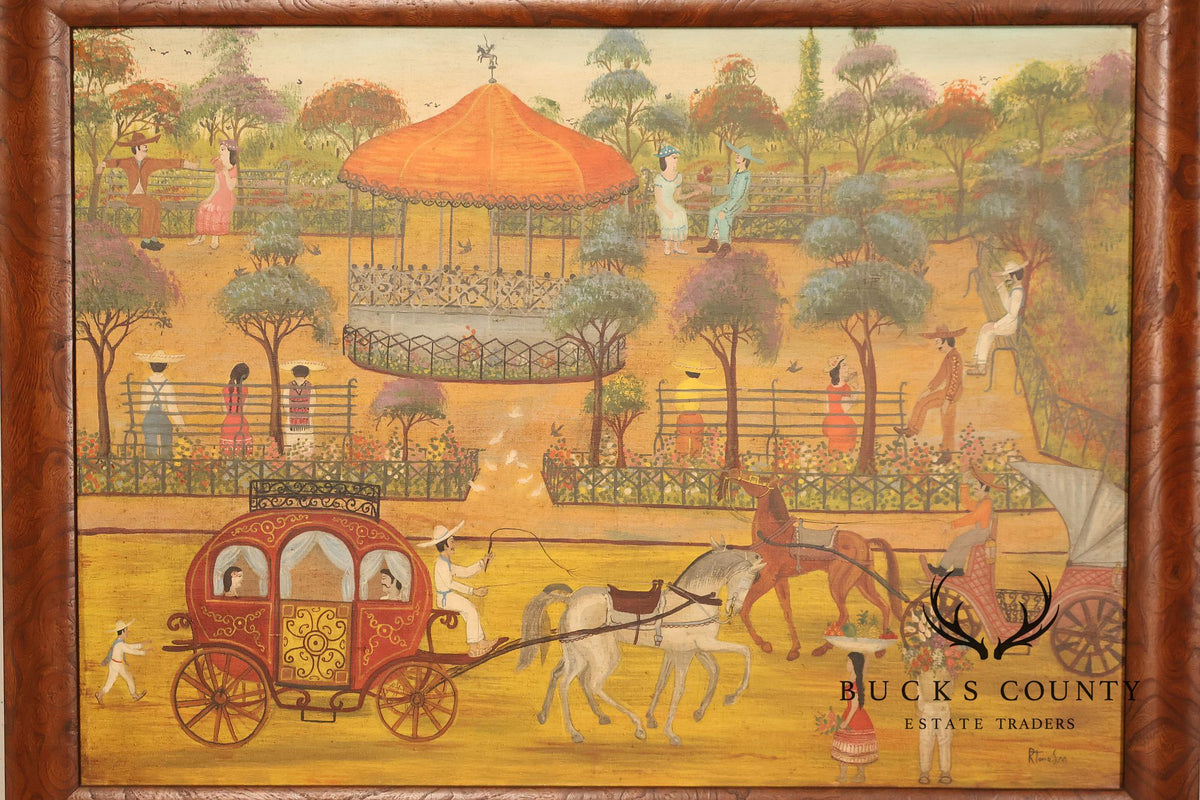 Original Mexican Oil Folk Art Garden And Carriage Scene Painting By R Torres