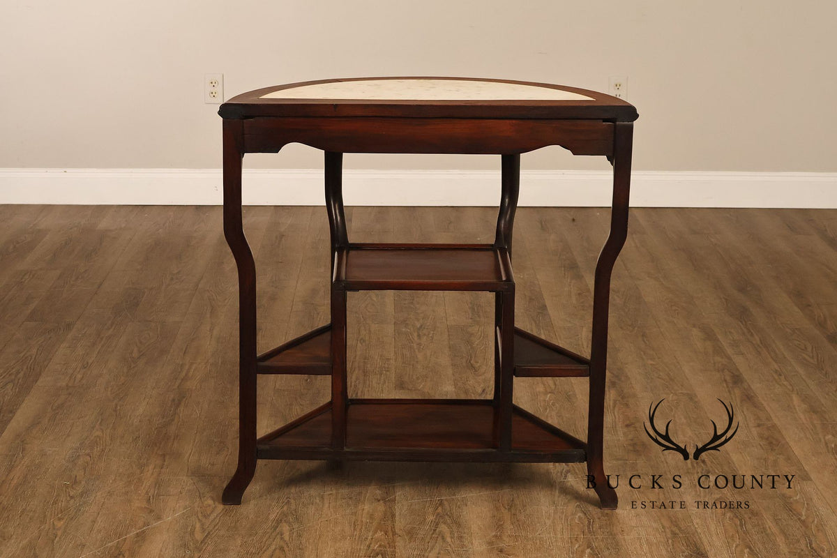 Asian Style Demilune Marble Top Side Table With Tiered Shelves