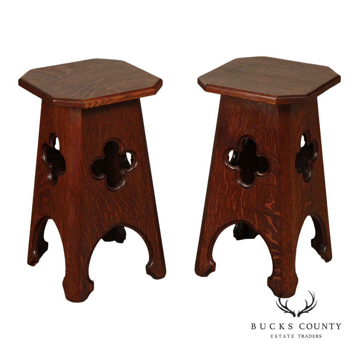 Arts and Crafts Antique Pair of Oak Cut-Out Taboret Side Tables