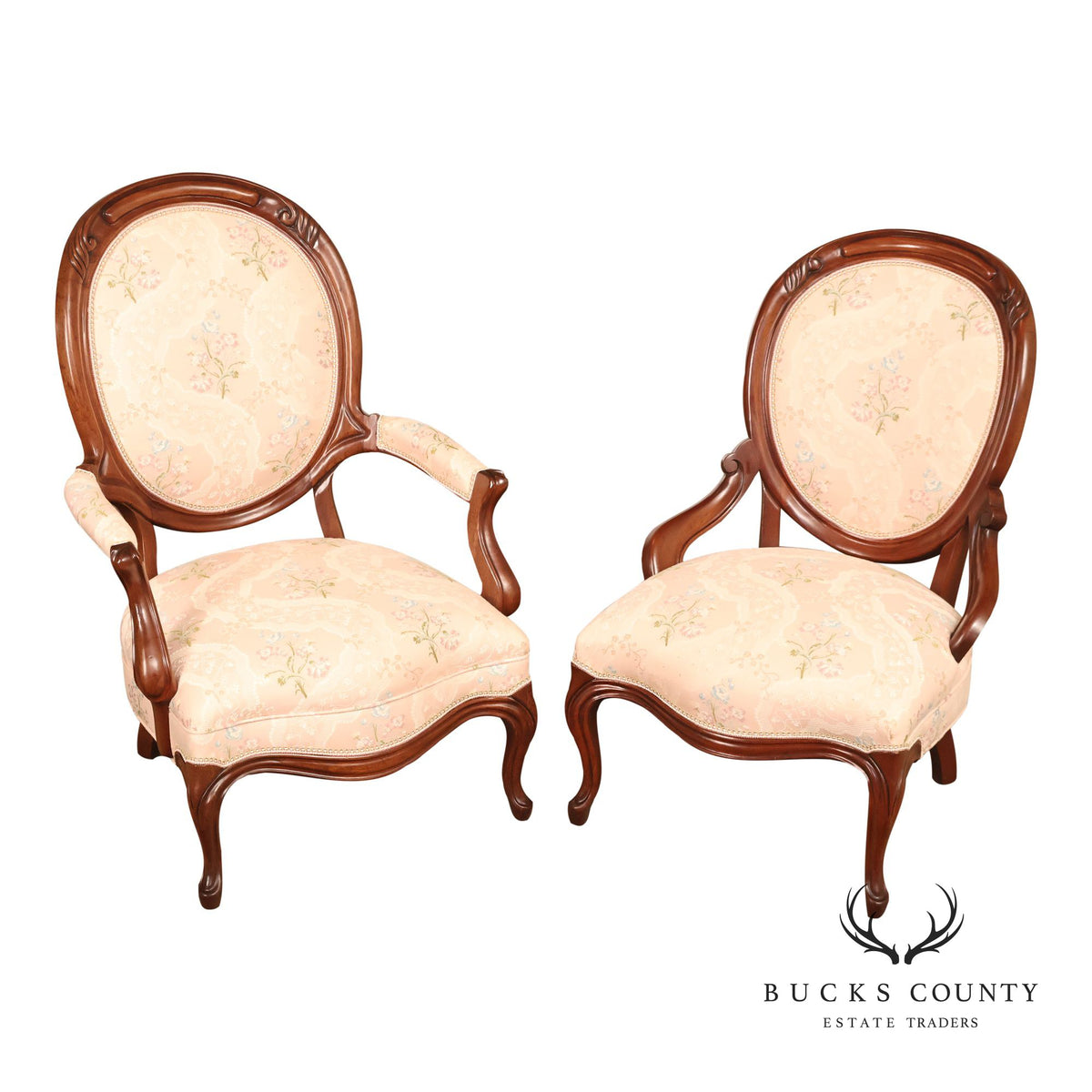 Antique Victorian Walnut Pair Of His And Hers Parlor Armchairs