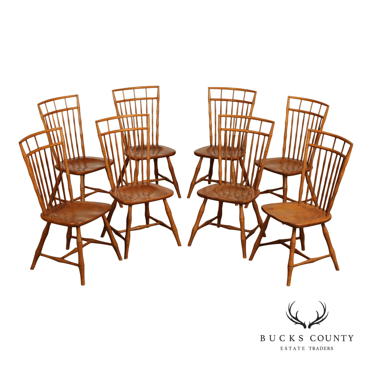 Ethan Allen Circa 1776 Collection Maple Set Of Eight Birdcage Windsor Dining Chairs