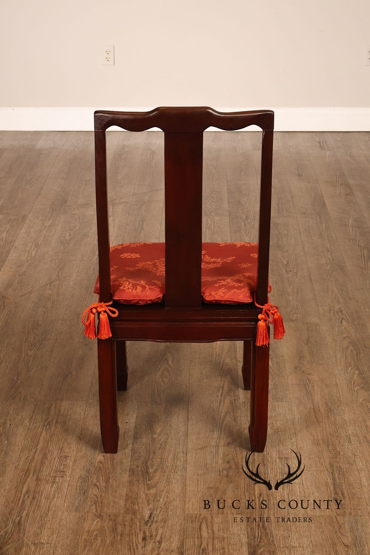 Asian Style Set Of Ten Rosewood Dining Chairs With Red Silk Cushions