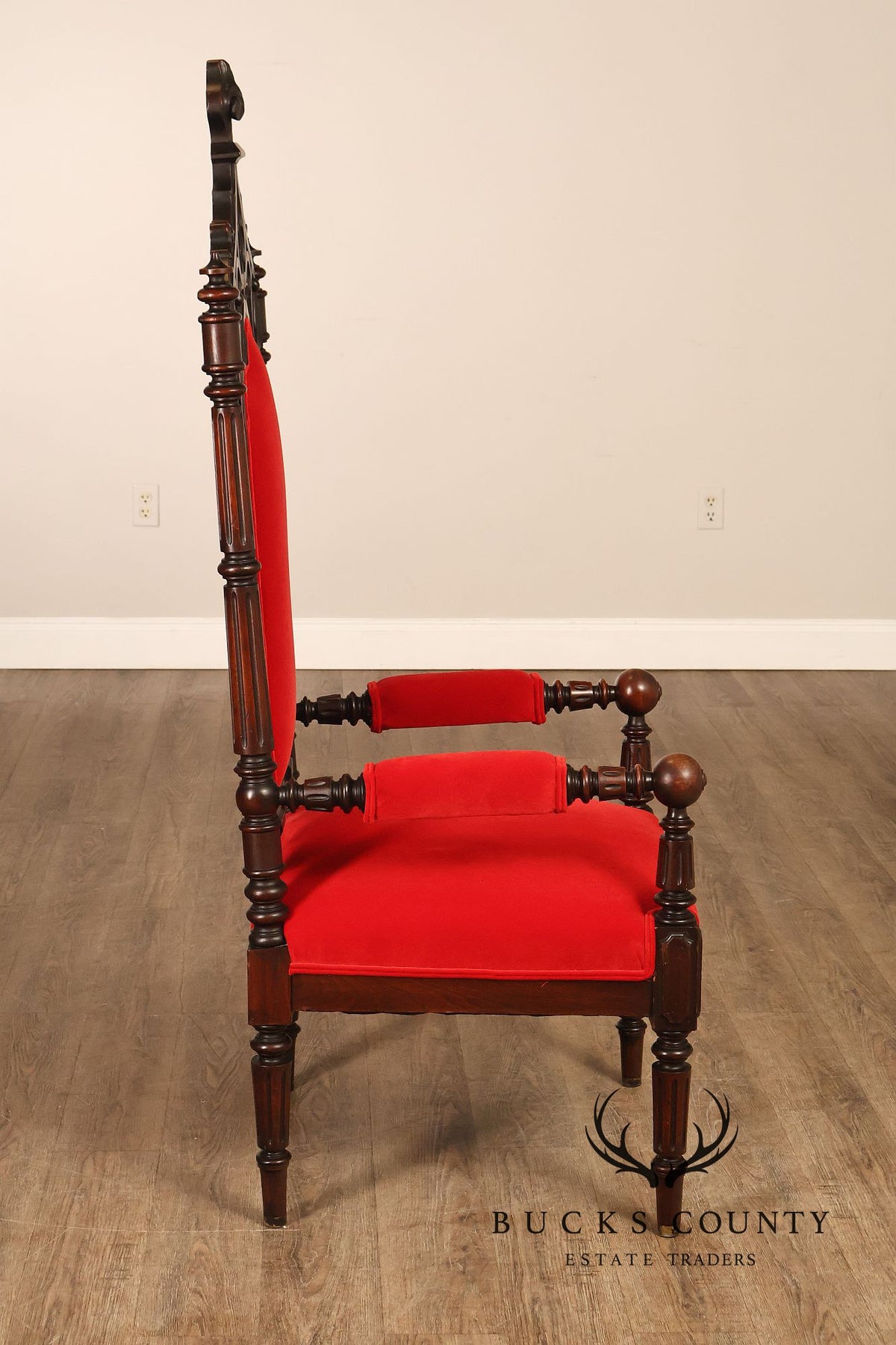 Gothic Revival Walnut Carved Wood Throne Pair Of Armchairs