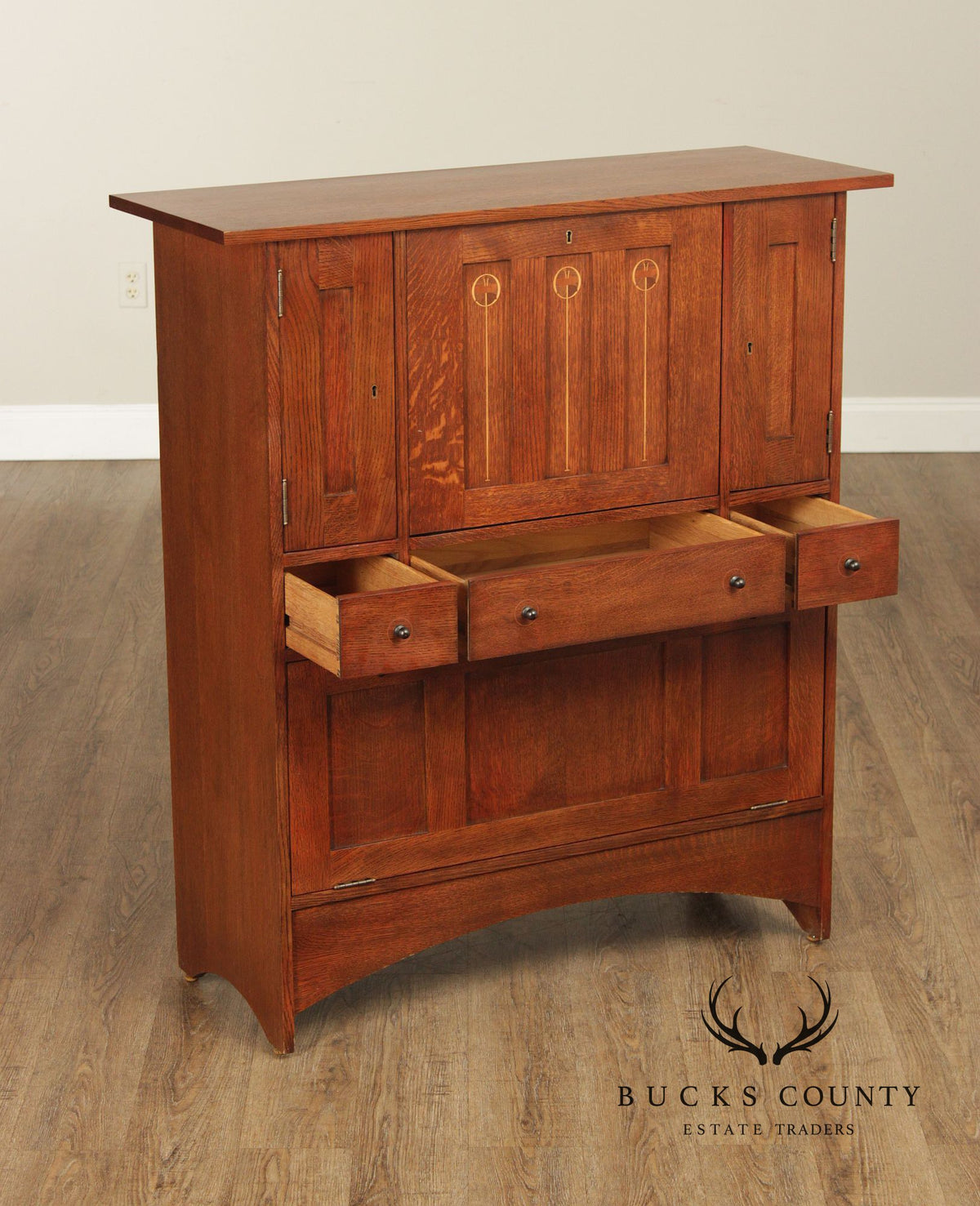 Stickley Mission Oak Harvey Ellis Inlaid Drop Front Secretary Desk And Wine Cabinet