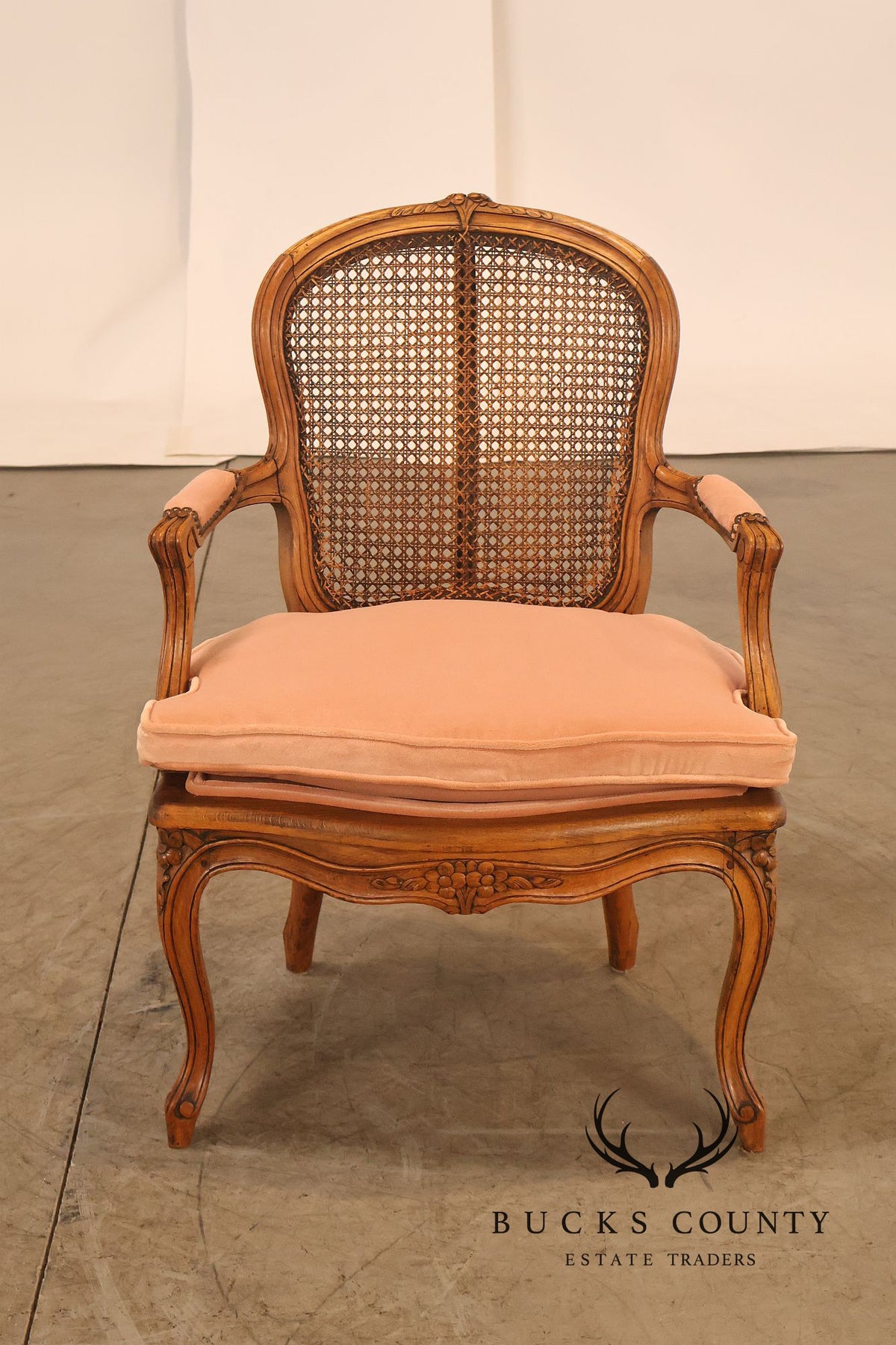 Antique French Louis XV Style Pair Of Carved Wood Caned Armchairs