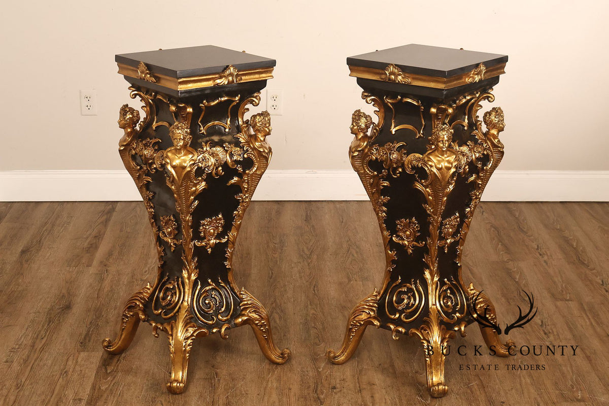Italian Renaissance Style Pair of Slate Top Figural Carved Pedestals