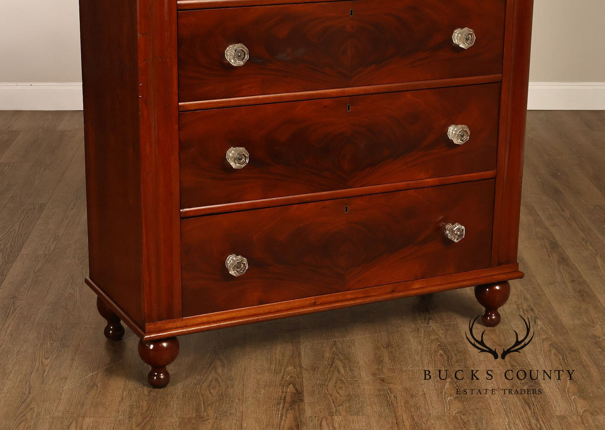 Antique American Classical Mahogany Tall Chest Of Drawers With Glass Knobs