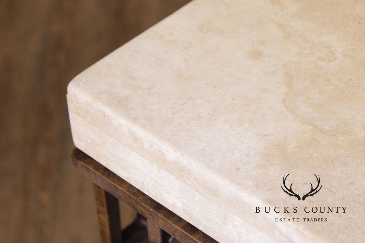 Wrought Iron Travertine Top Long Console Table