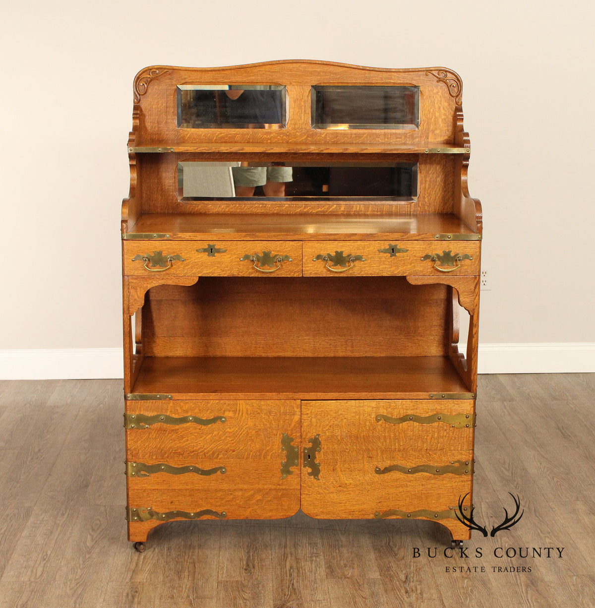 Antique Victorian Golden Oak Sideboard With Mirrored Back