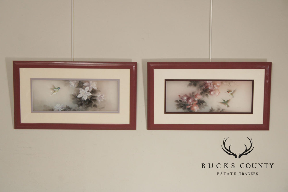 Lena Liu Chinese Pair of Bird and Flower Paintings on Silk