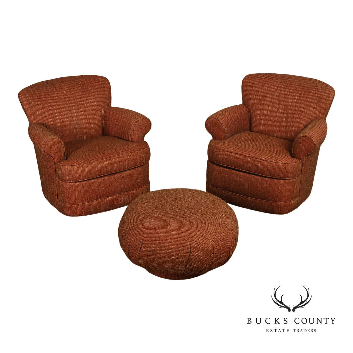 Leggett & Platt Pair Of Upholstered Swivel Glider Club Chairs With Round Ottoman