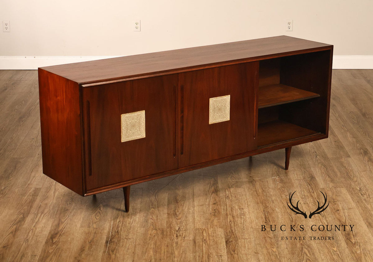 Mid Century Modern Walnut Buffet Sideboard With Decorative Tile Inlays