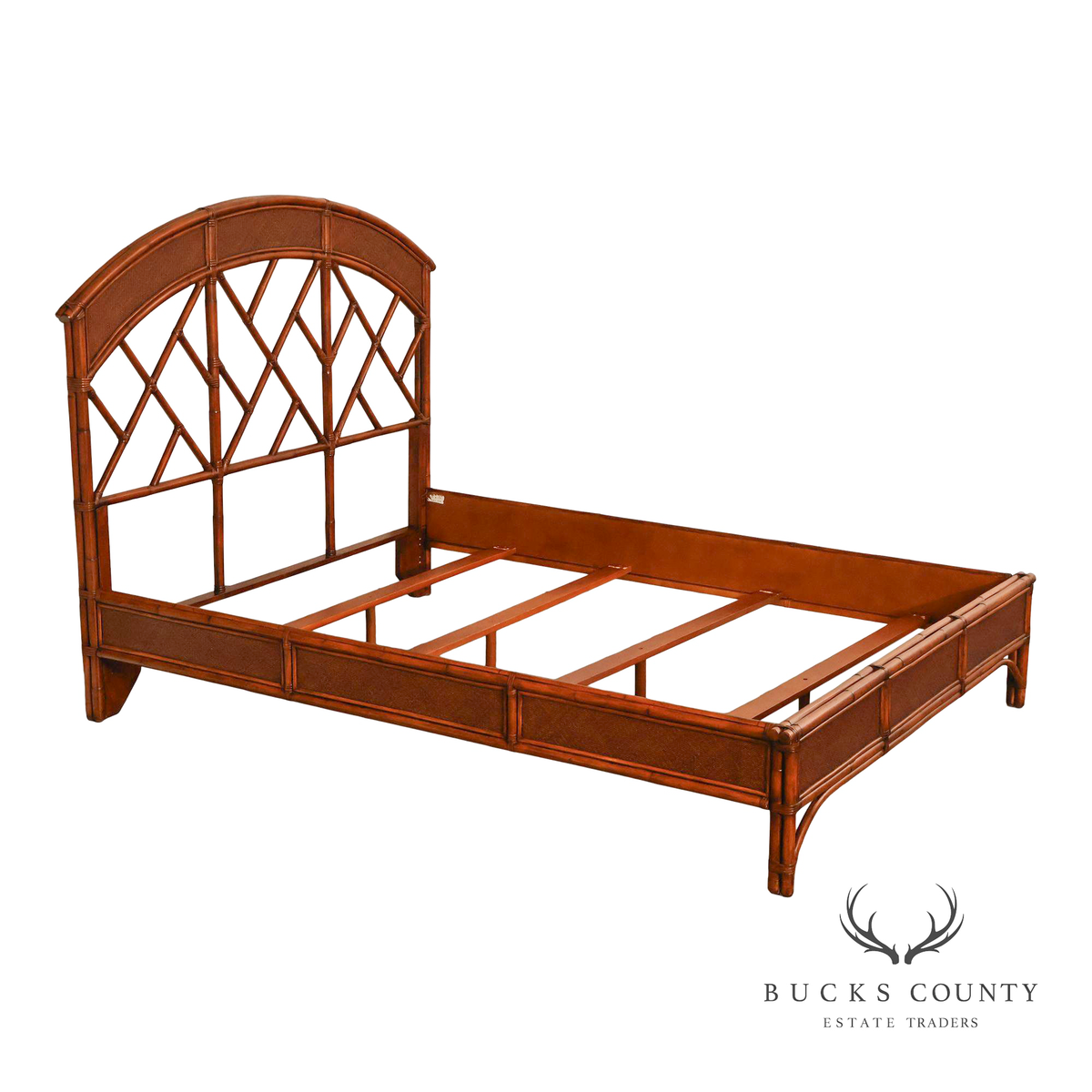 Chinese Chippendale Style Faux Bamboo and Rattan Queen Bed Frame