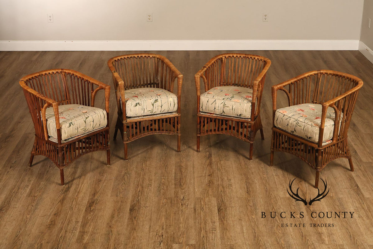 Antique Set Of Four Split Reed Rattan Armchairs With Floral Cushions