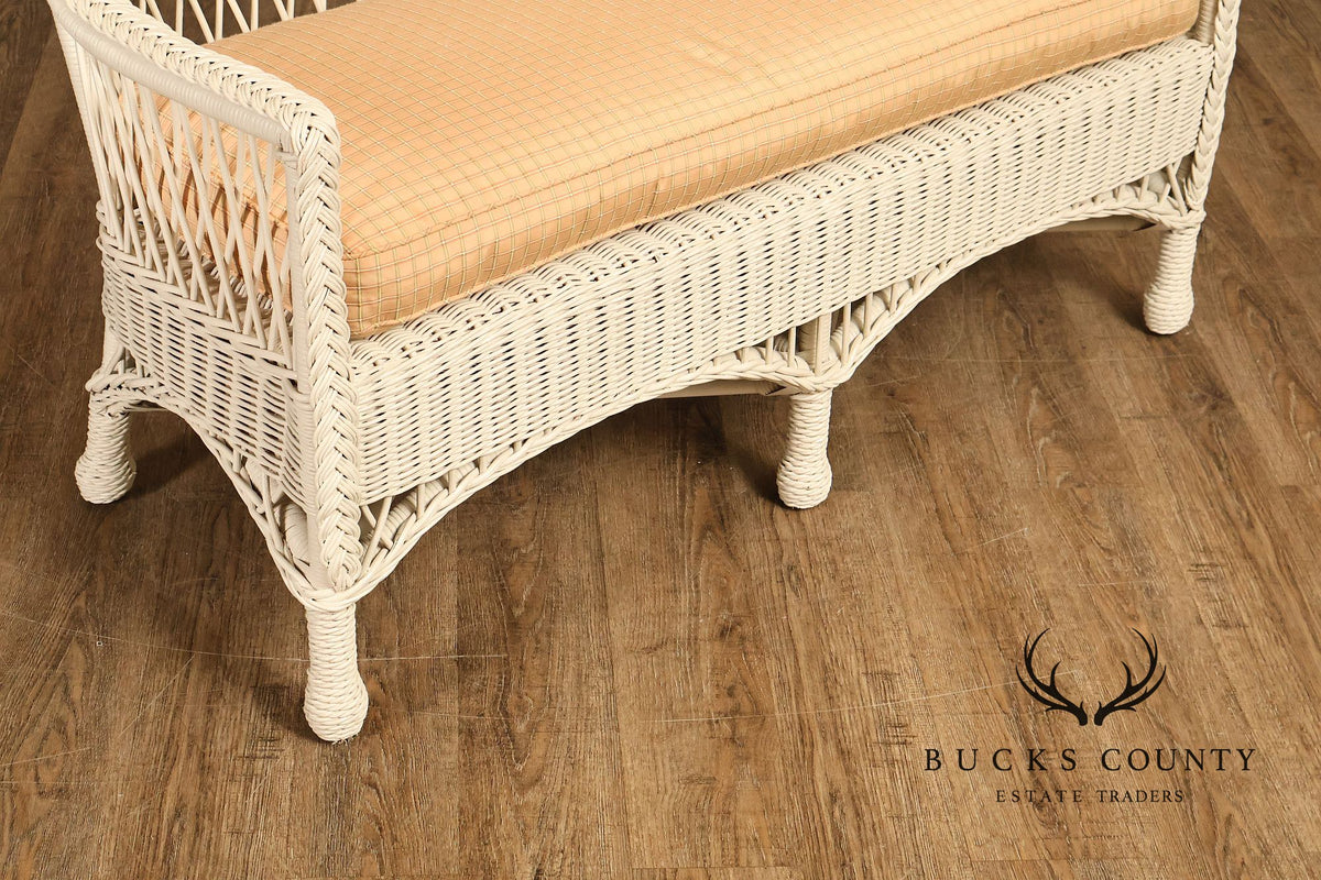 Vintage White Wicker Loveseat With Upholstered Seat Cushion