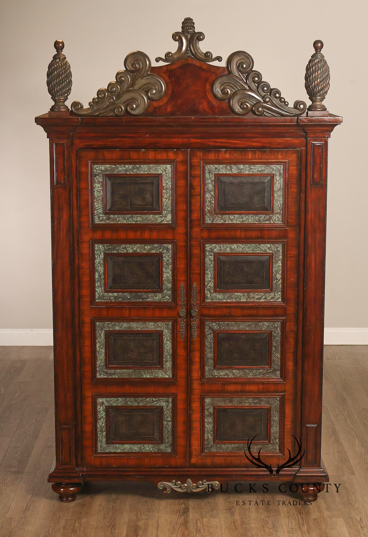 Maitland-Smith Large Mahogany Armoire Cabinet With Bronze Scrollwork Finials And Raised Panel Doors