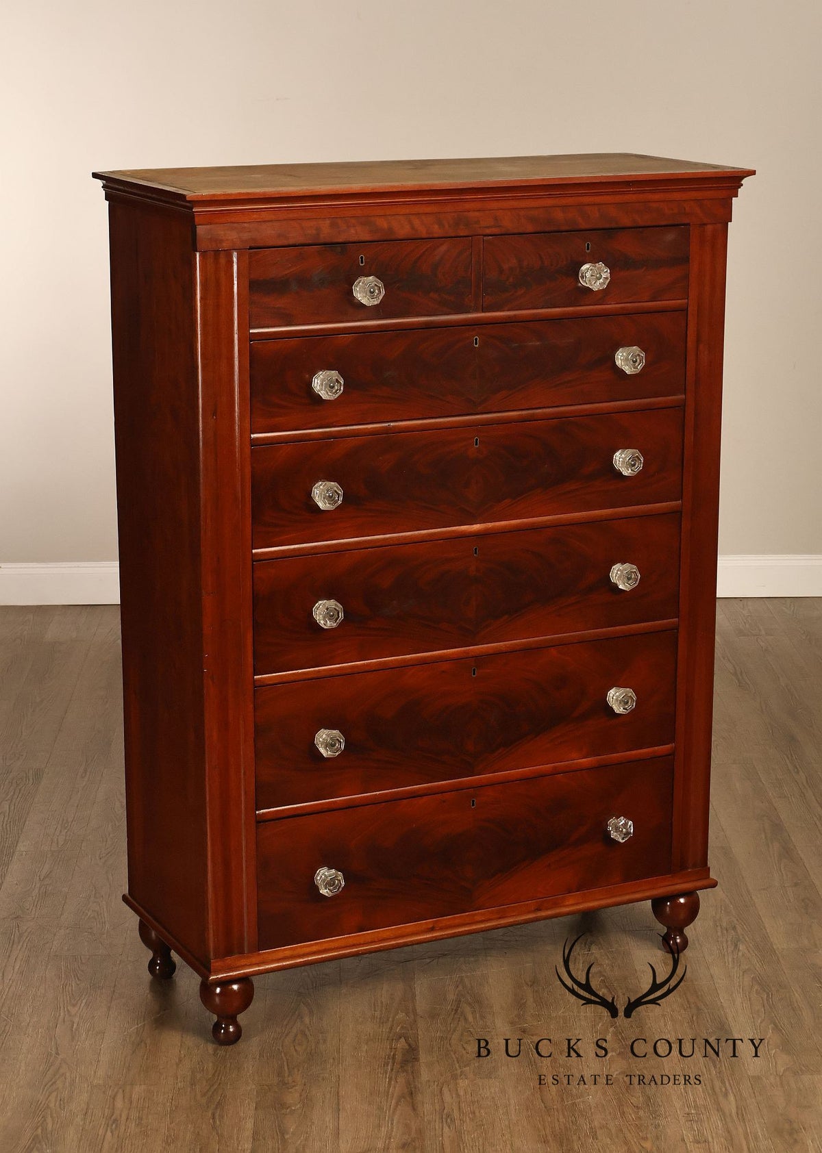 Antique American Classical Mahogany Tall Chest Of Drawers With Glass Knobs