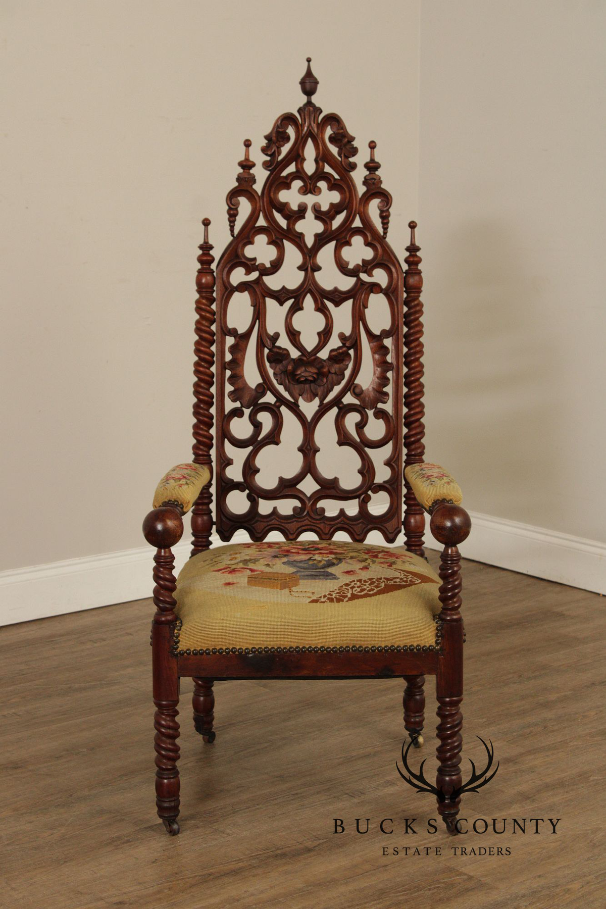 Antique American Gothic Revival Carved Walnut Throne Chair