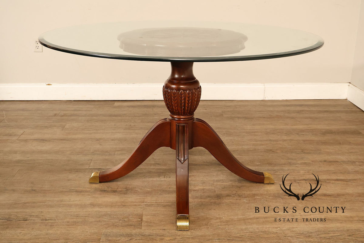 Lexington Furniture Round Glass Top Carved Mahogany Pedestal Table with Center Medallion