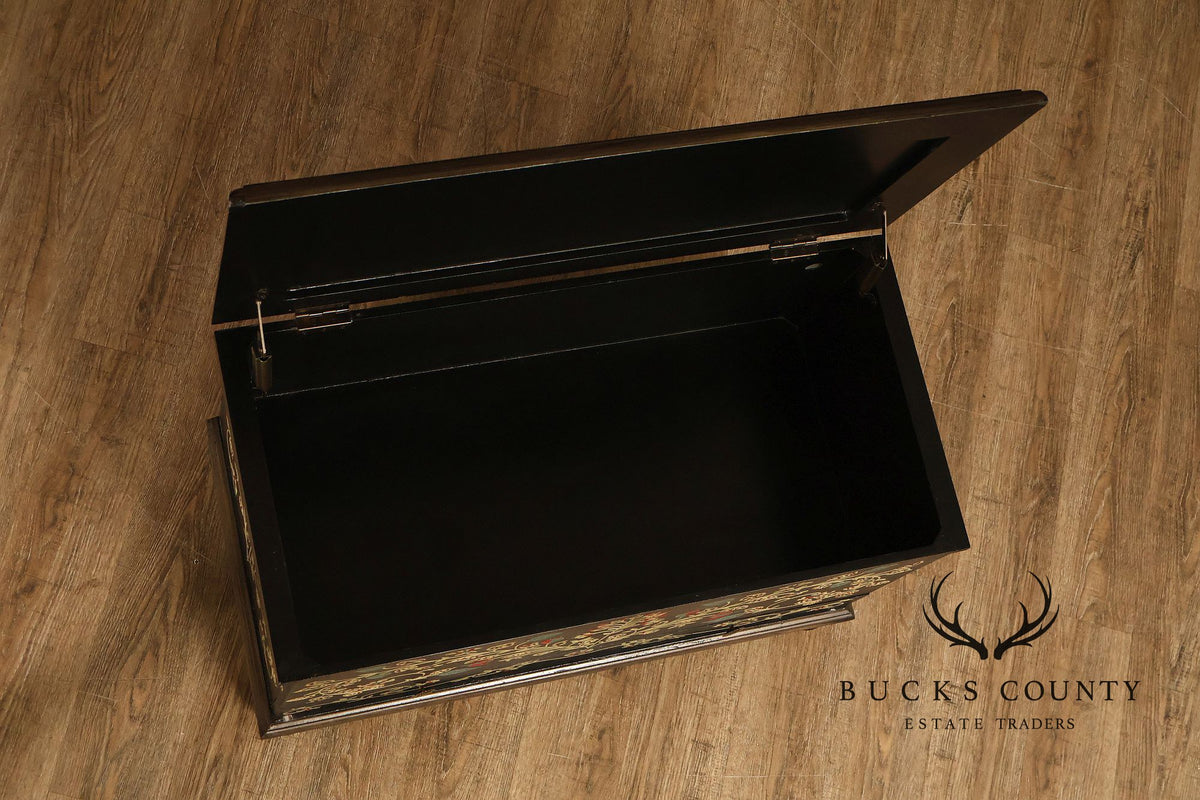 Hand Painted Black Floral Decorated Blanket Chest With Drawer