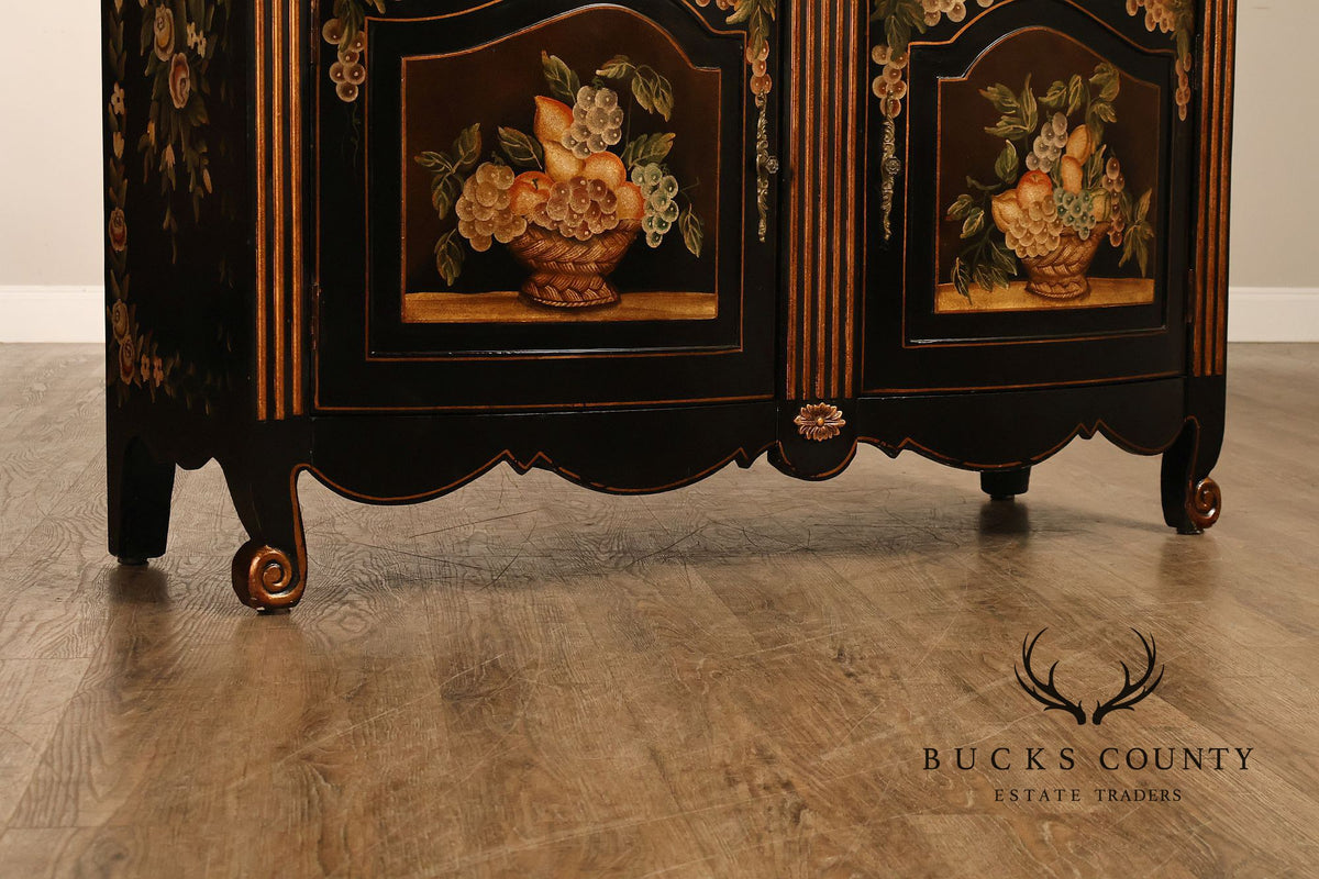 French Provincial Style Black Lacquer Hand-Painted Fruit Basket Sideboard
