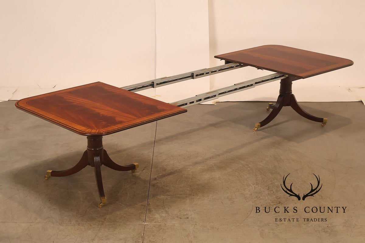 Baker Furniture Mahogany Banded Double Pedestal Extension Dining Table With Three Leaves