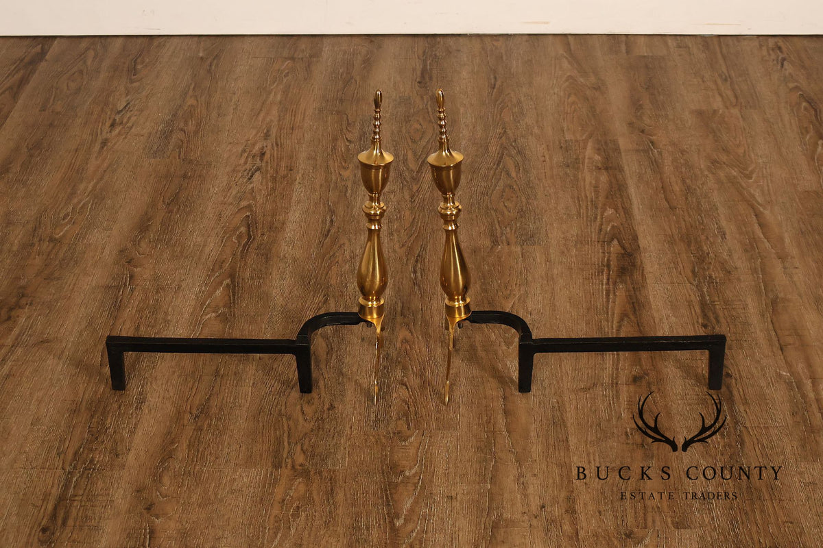 Federal Style Pair of Brass Fireplace Andirons