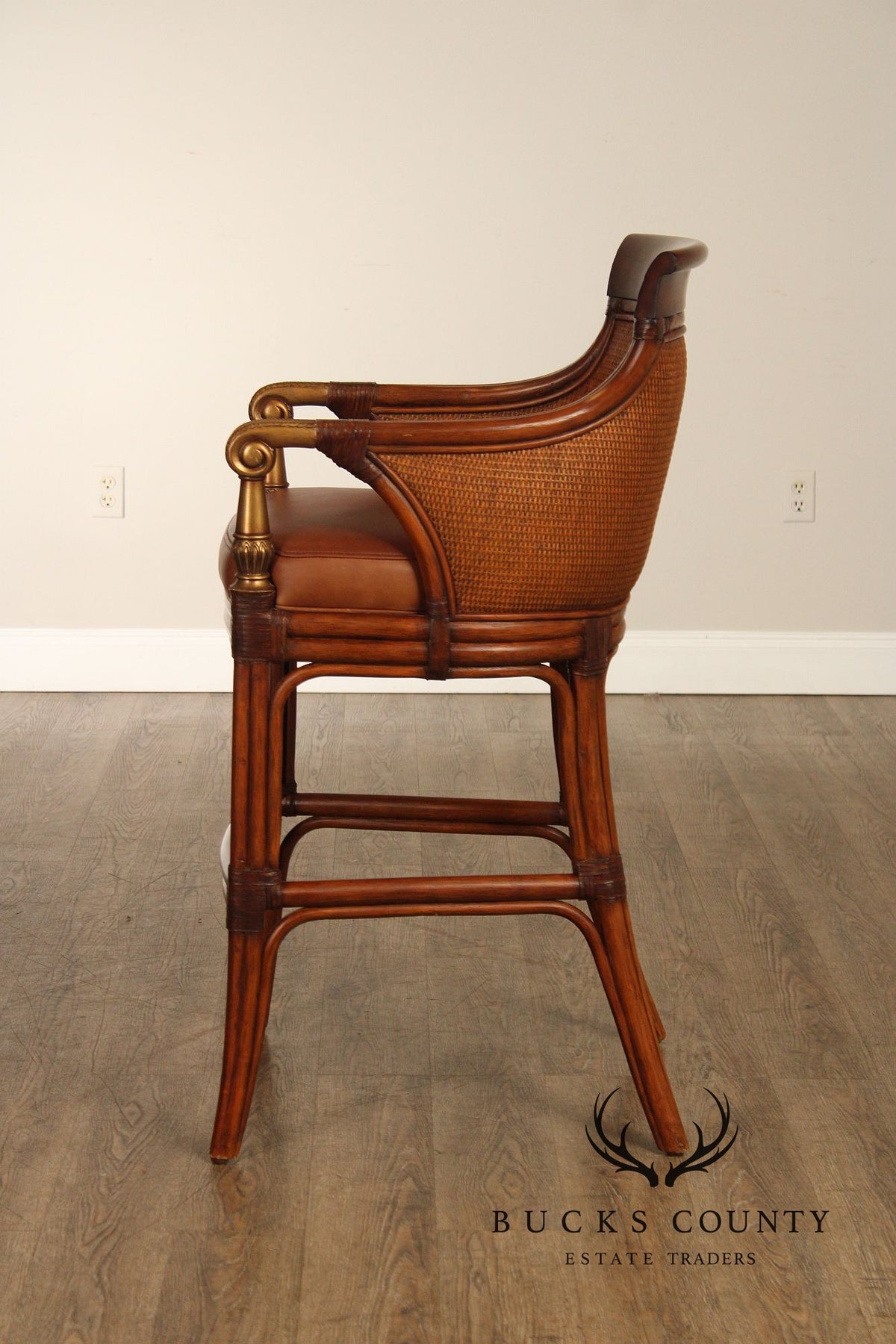 Pair Of Ethan Allen Leather And Rattan Bar Stools