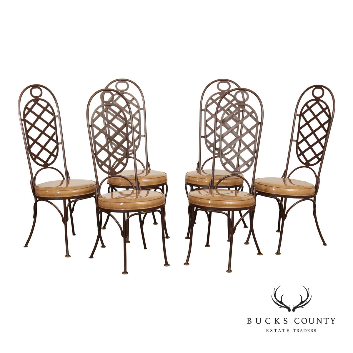 Creative Metal Products Set of Six Wrought Iron Lattice Dining Chairs