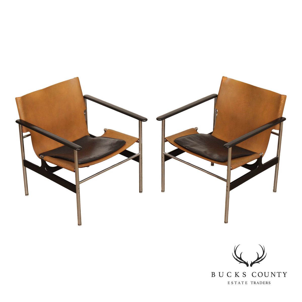 Knoll Mid Century Modern Pair of Leather and Chrome '657' Armchairs