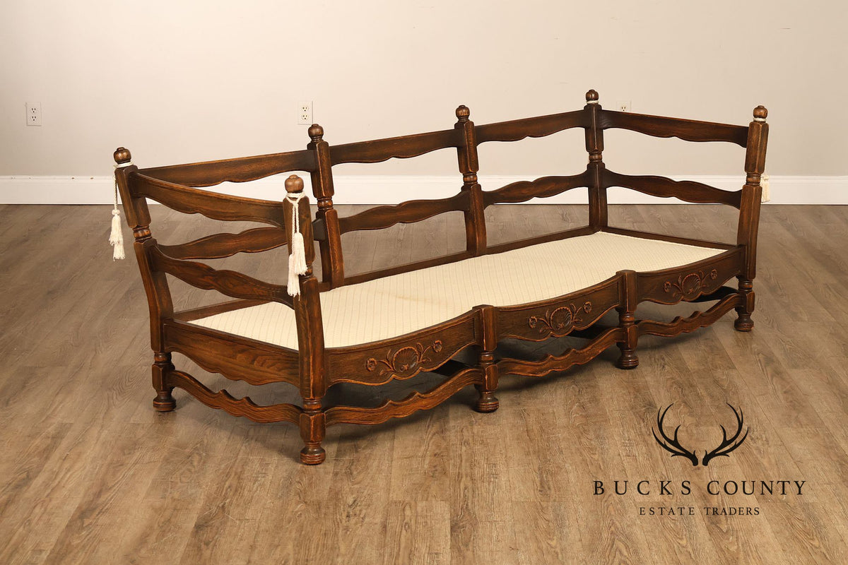 French Country Style Carved Oak Frame Three Seat Sofa