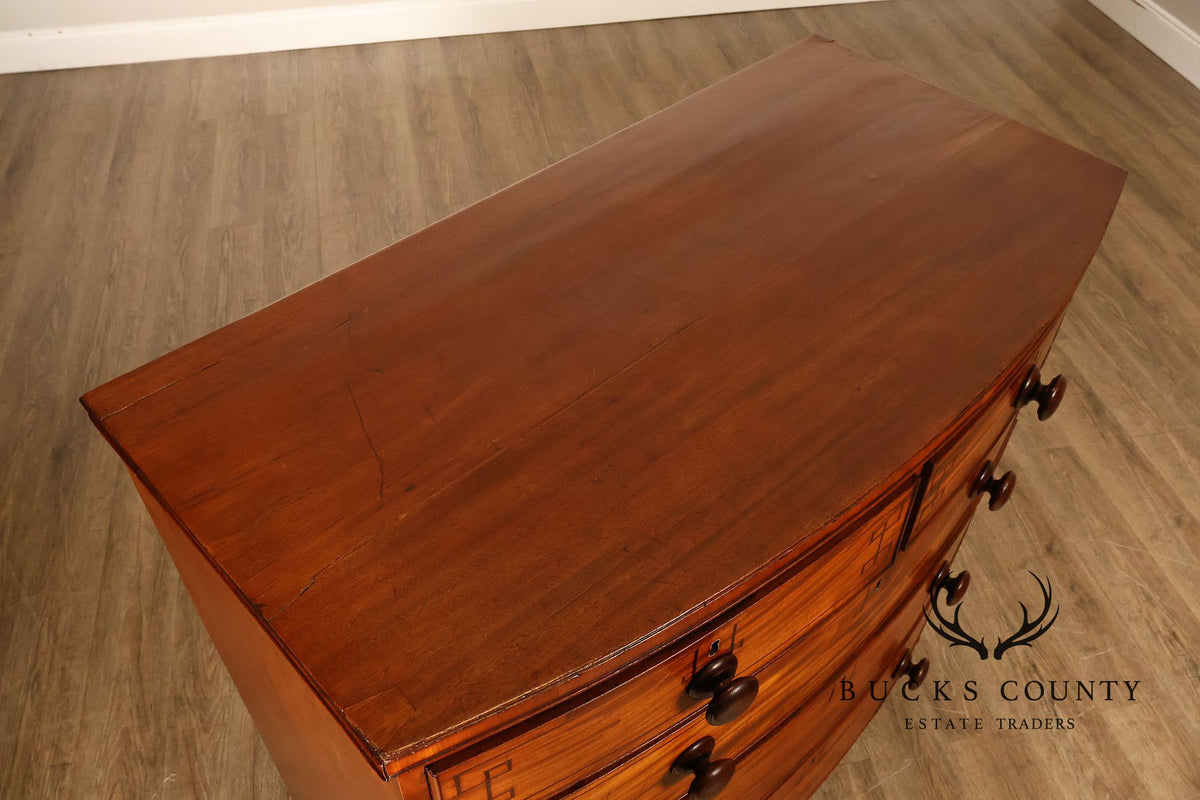 Antique English Sheraton Style Inlaid Bow Front Chest Of Drawers