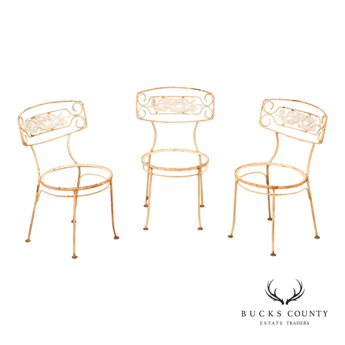 Painted Wrought Iron Set Of Three Garden Chairs With Decorative Backs