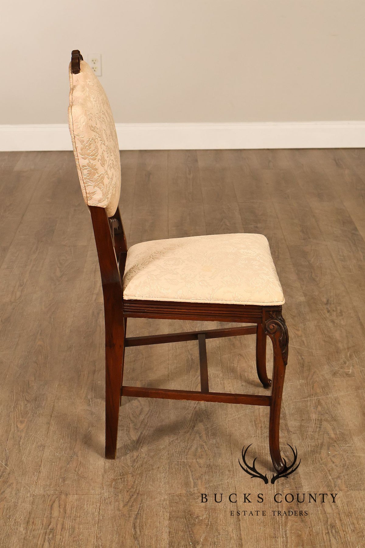 Traditional Mahogany Carved Side Chair With Floral Damask Upholstery