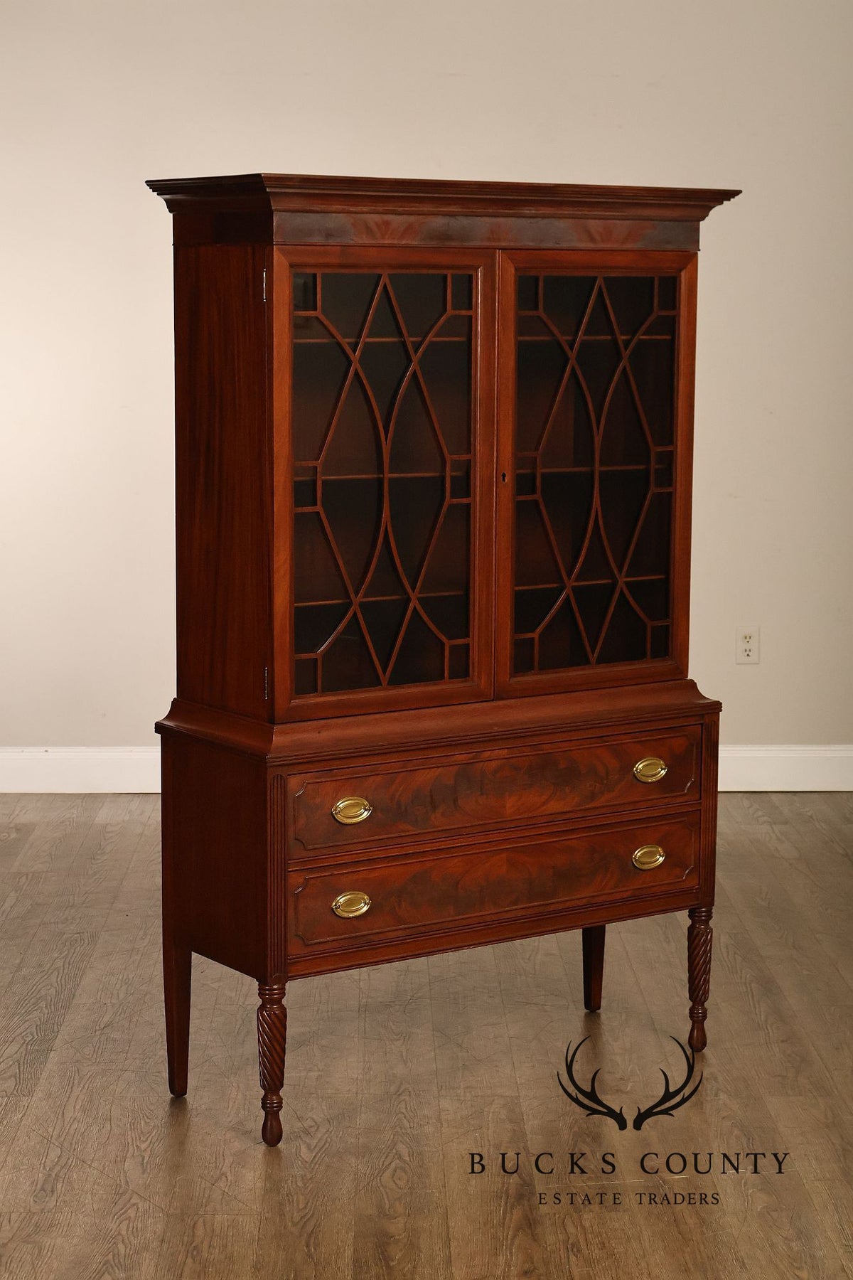 Vintage Federal Style Mahogany Two-Drawer China Cabinet