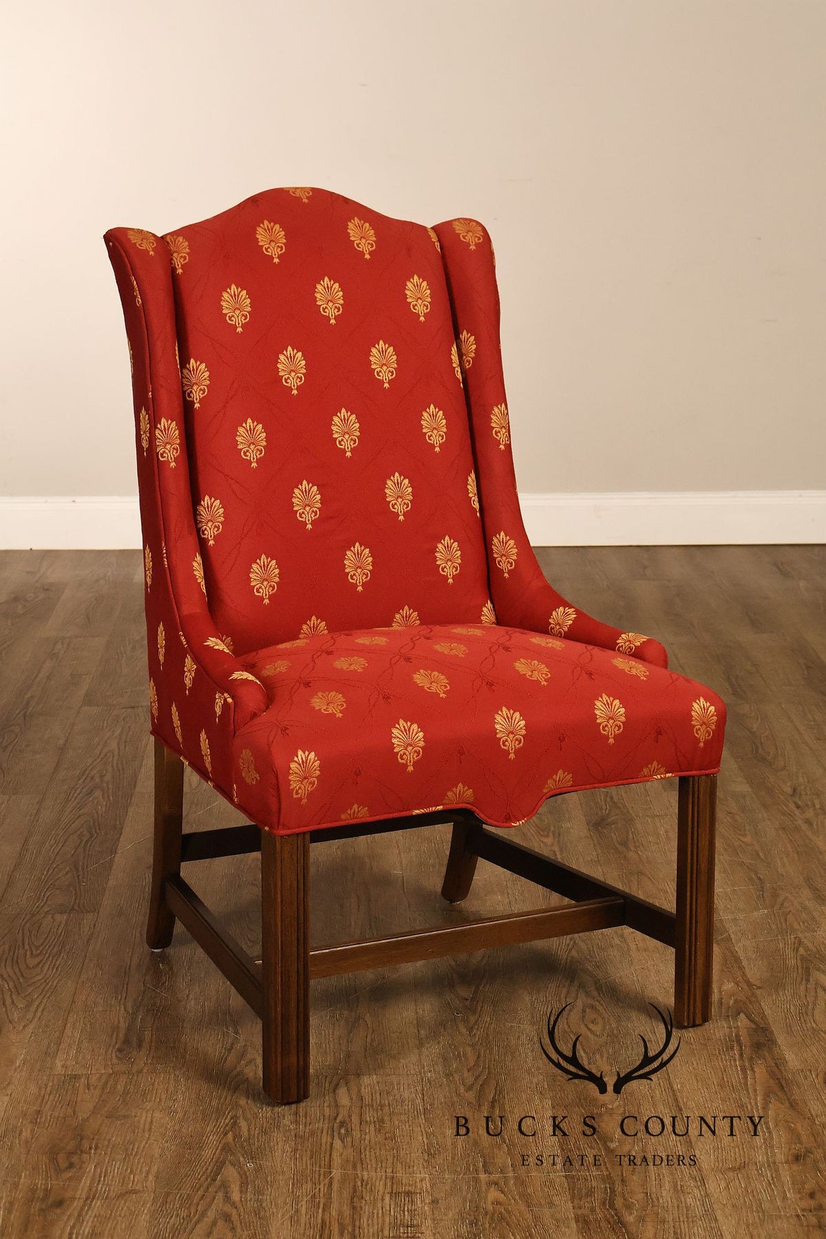 Pair Of Red And Gold Upholstered Wingback Accent Chairs With H-Stretcher Bases