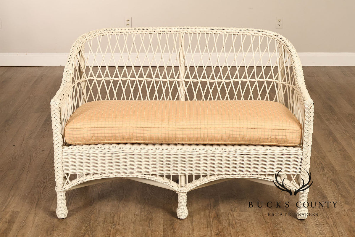 Vintage White Wicker Loveseat With Upholstered Seat Cushion