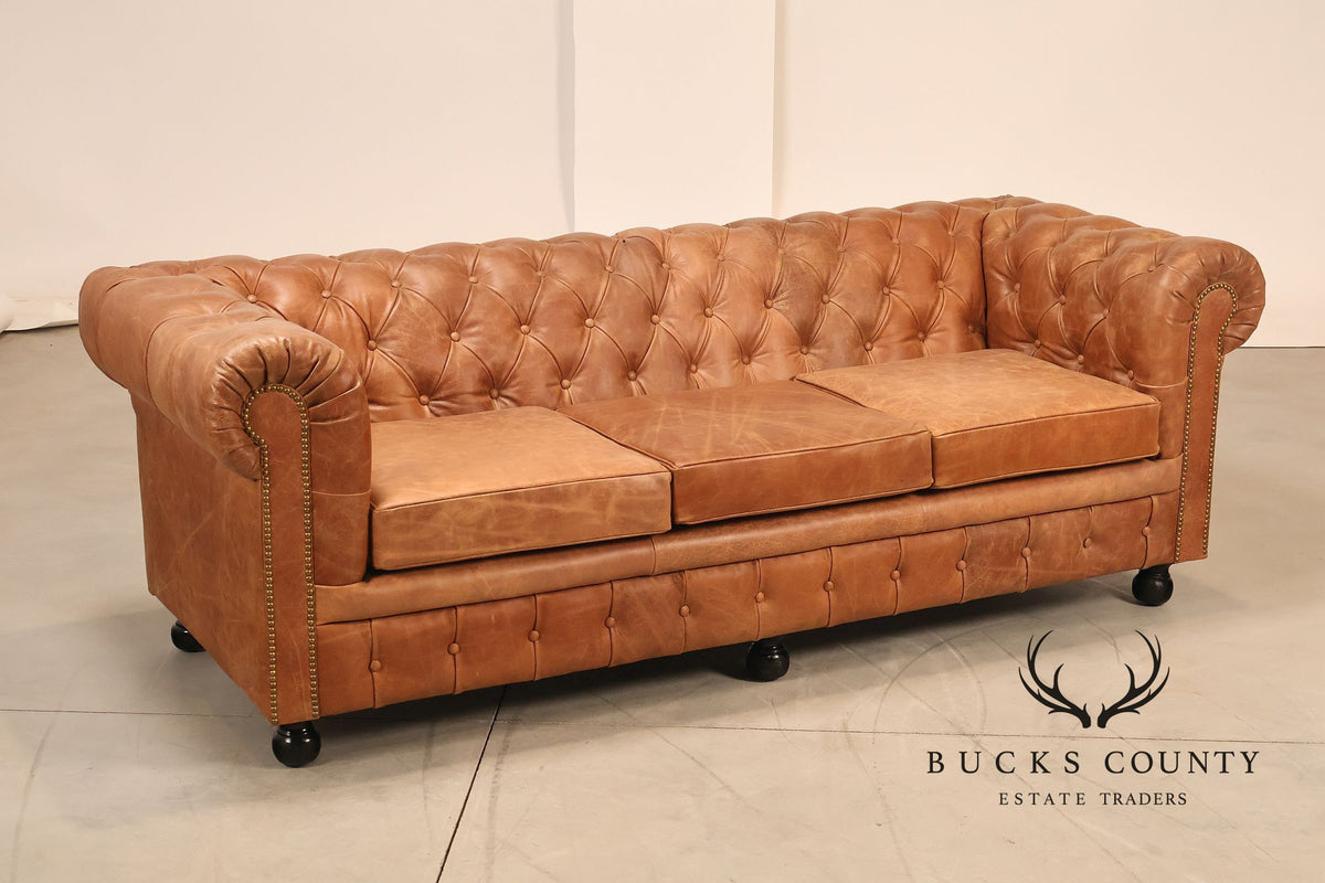 Chesterfield Style 7 Foot Distressed Brown Tufted Leather Sofa
