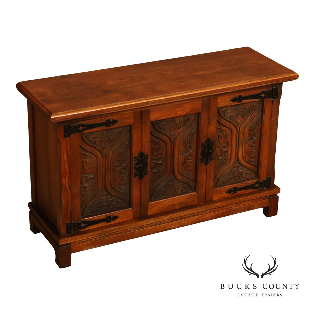 Vintage Spanish Revival Carved Oak Cabinet With Iron Hardware