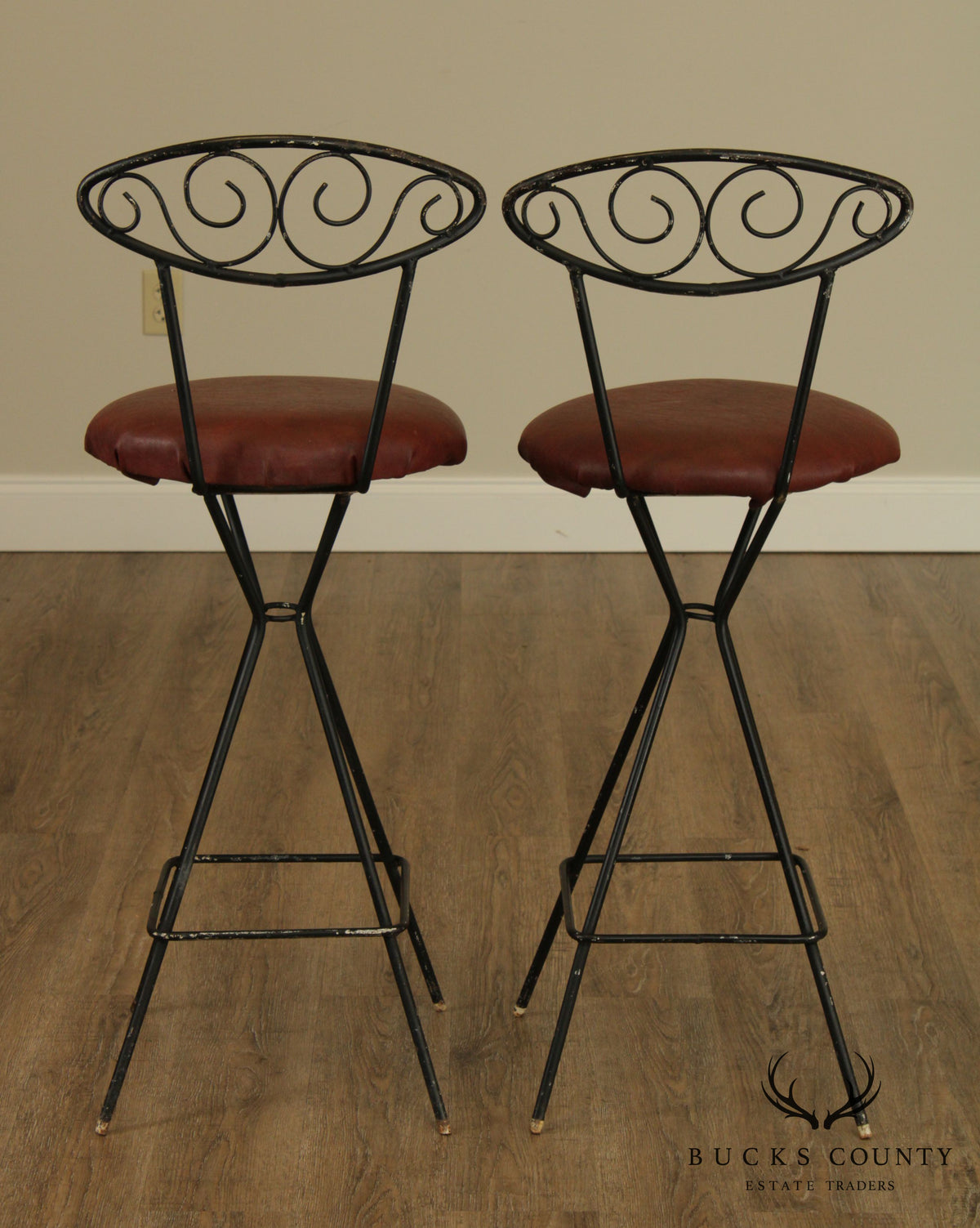 Mid Century Modern Pair Wrought Iron Barstools