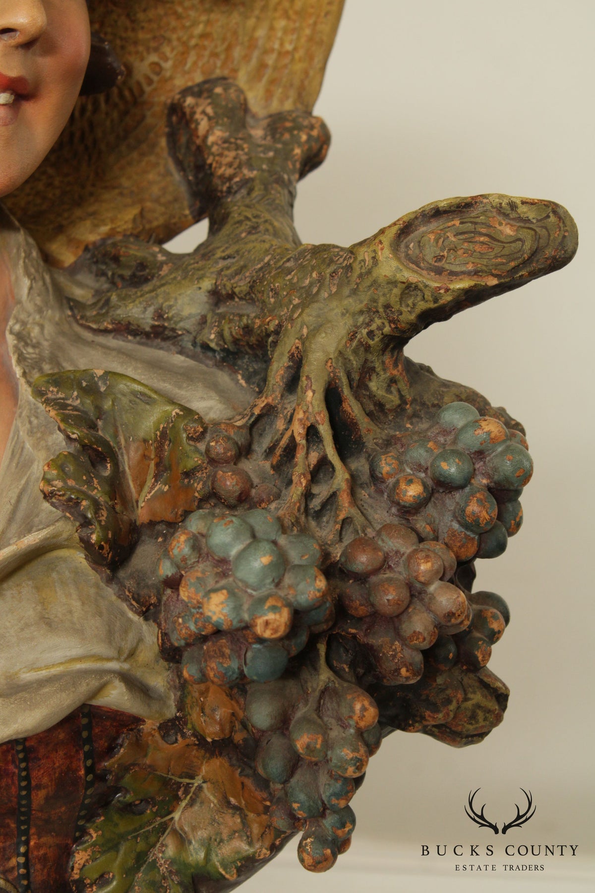 Vintage Bust of Maiden Carved Sculpture, 'Lady of the Grapes'