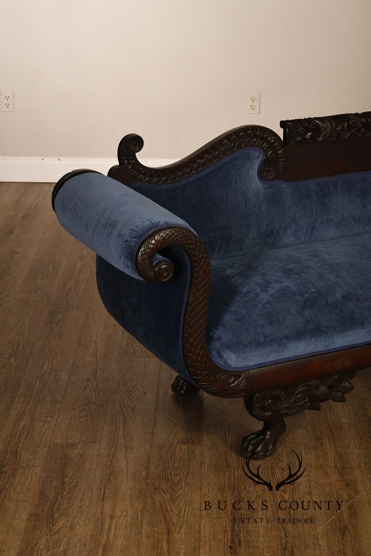 Antique American Empire Mahogany Carved Swan Arm Sofa With Blue  Upholstery