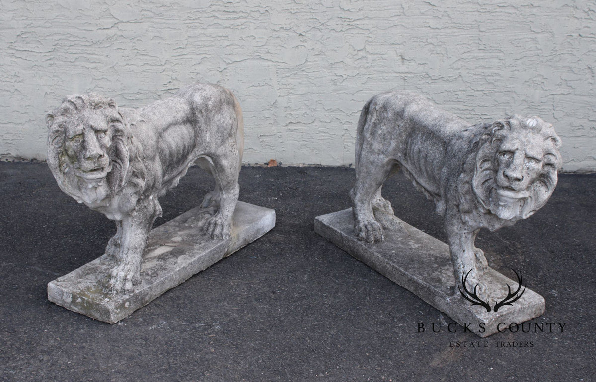 Vintage Pair Of Cast Stone Standing Lion Garden Statues