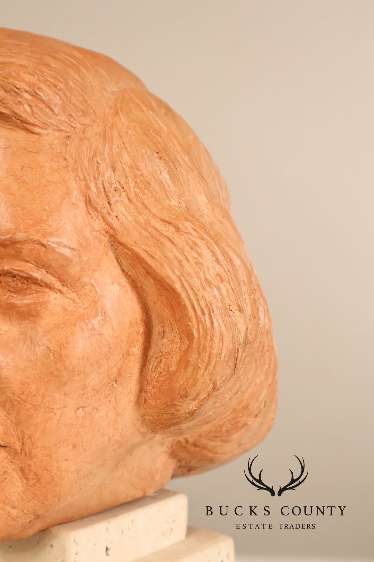 Contemporary Terracotta Female Portrait Bust Sculpture On Travertine Pedestal Base