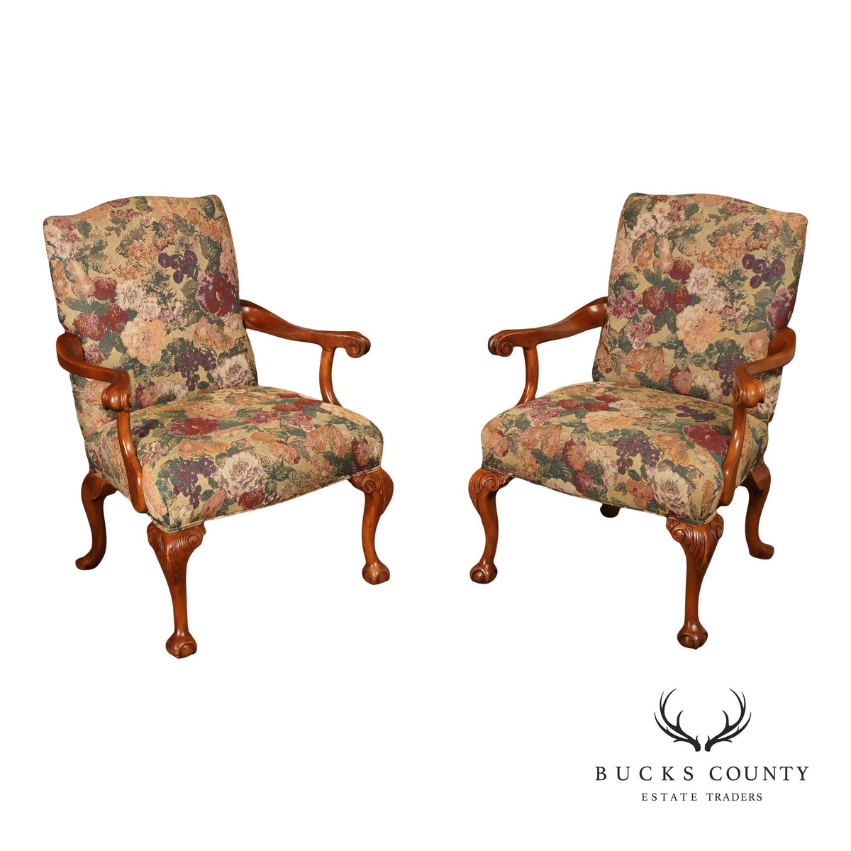 Chippendale Style Pair of Carved Frame Library Armchairs