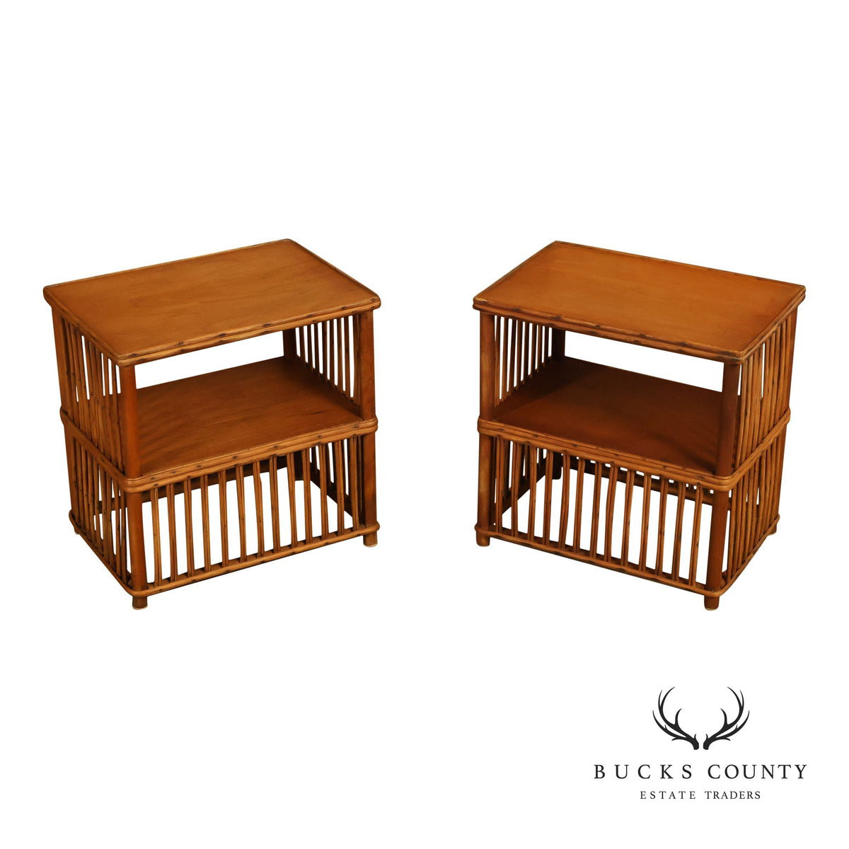 Antique Split Reed Rattan Pair of Side Tables