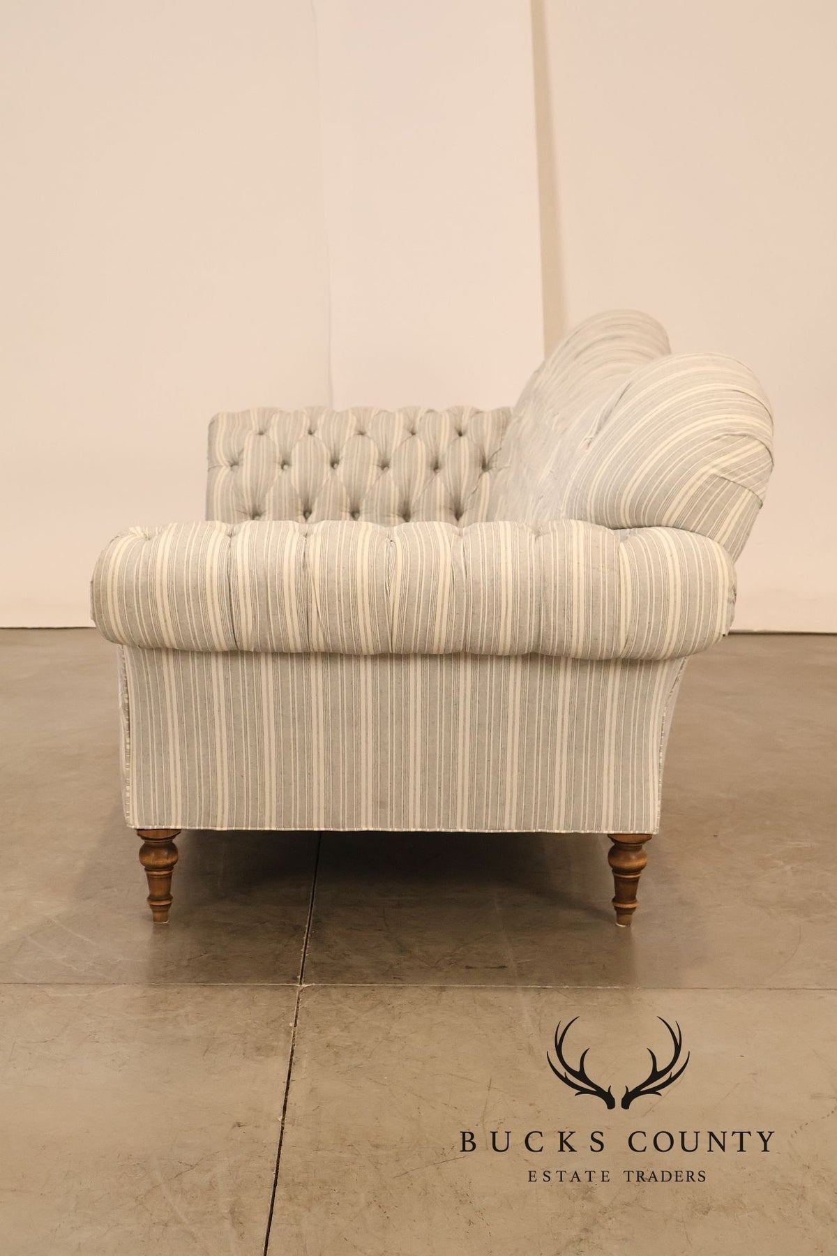 Cambridge Collection Tufted Blue And White Striped Upholstered Sofa
