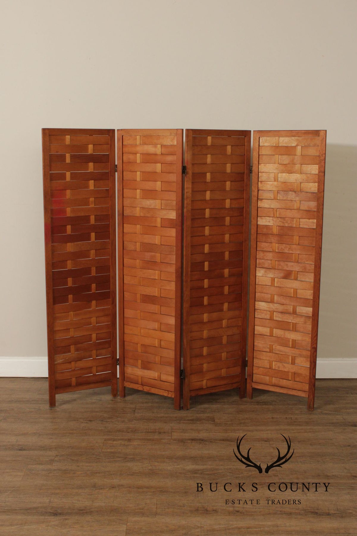 Mid Century Modern Woven Wood Four-Panel Screen