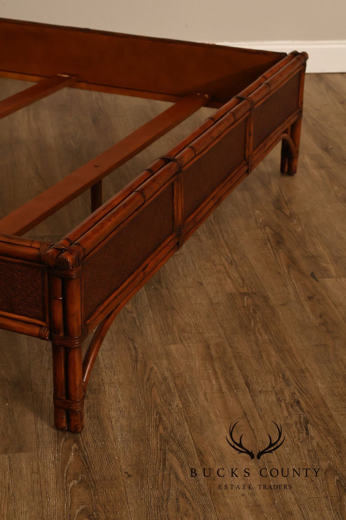 Chinese Chippendale Style Faux Bamboo and Rattan Queen Bed Frame